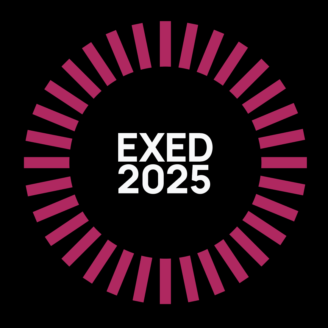 EXED25 logotype inside a pink radial on a black background