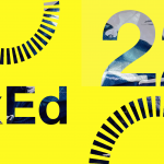 text reads ExEd 2022 filled with blue texture on a bright yellow background